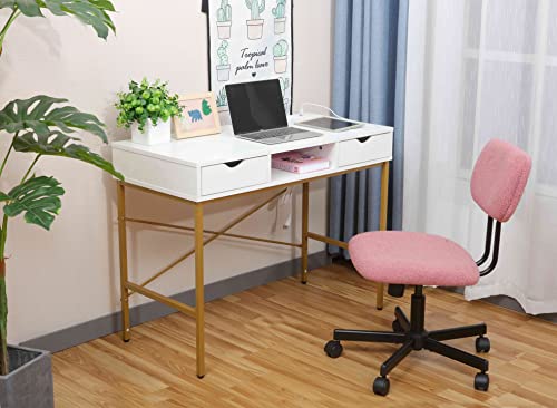 Jjs 40' Writing Desk With Power Outlet, Home Office Contemporary Large Computer Desk Laptop Workstation With Drawer Usb Ports Charging Station, White/Golden #TOP21