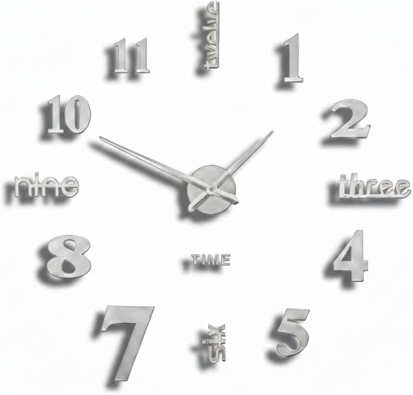 DIY Large 3D Wall Clock with Black Arabic Numbers, Frameless Modern Wall Clock with Silent Quartz Movement for Living Room, Bedroom, Office & Stylish Home Wall Décor Silver