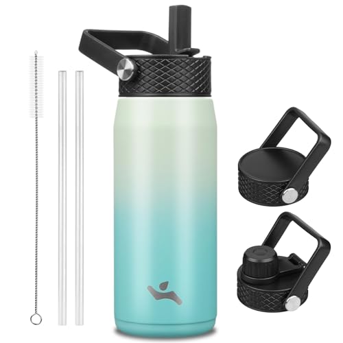 Image of Konokyo 20oz Insulated Stainless Steel Water Bottle with 3 Lids, Leakproof BPA-Free Bottle with Straw Lid, Sip Lid and Flex Cap for Gym, Travel, School, Office, Mint