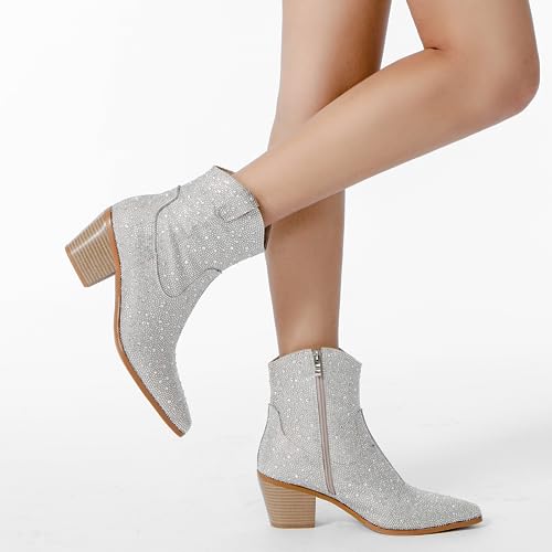 Yallmay Rhinestone Booties for Women, Sparkly Cowgirl Boots Pointed Toe Chunky Heel Rhinestone Cowboy Ankle Booties 5