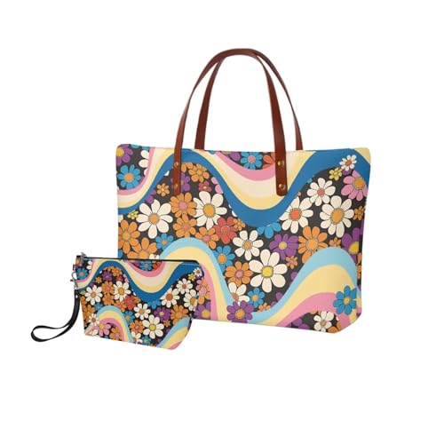 Image of Floral Purse and Handbag for Women - Large Tote Bag with Top Handle and Matching Wallet - Light Hobo Bag with Cosmetic Wallet for Working and Shopping