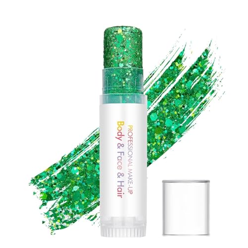Green Face and Body Glitter Stick Sparkling Neon Outfit Party Holographic Sequins Paint Mardi Gras Accessories Face and Hair Glitter Gel Makeup.