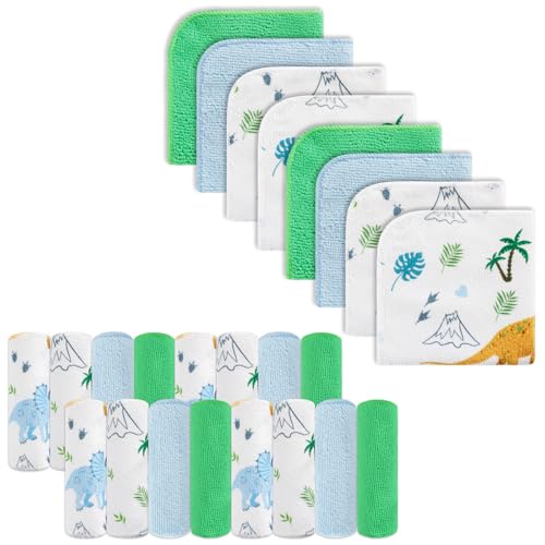 Image of Baby Washcloths, 24Pack Baby Washcloth Extra Soft & Ultra Absorbent, for Unisex Boys Girls Body, Washclothes Gentle on Sensitive Skin, 9x9 Dinosaurs Trees