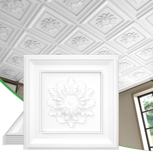 LooYee 24 PCS 2x2 FT Leaf & Bead Border Decorative Ceiling Tiles, 24x24 Inch 3D Modern Minimalist Ceiling Panels, PVC Waterproof Cuttable Material Ideal for Living Room Bedroom Cover 96 Sq.Ft