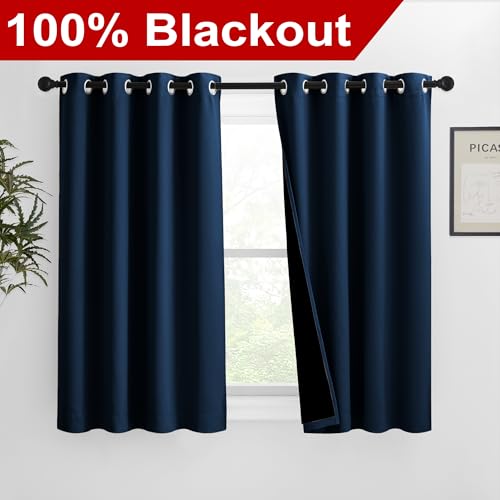 Image of NICETOWN 100% Blackout Curtains with Black Liners, Solid Thermal Insulated Full Blackout 2-Layer Lined Drapes, Energy Efficiency Window Draperies for Bedroom (2 Panels, 46 inch W by 54 inch L, Moroccan Blue)