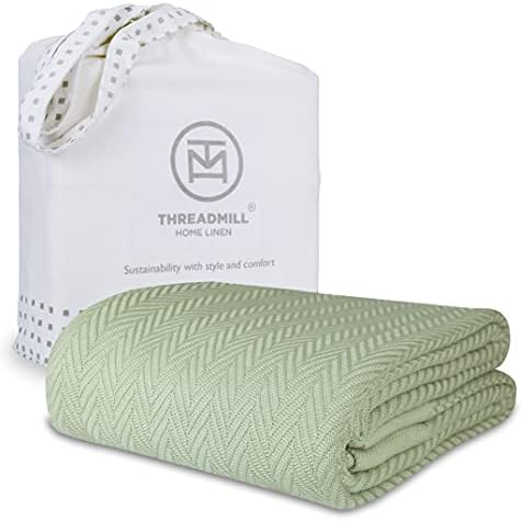 Threadmill Luxury Cotton Blankets for King Size Bed | All-Season Cozy 100% Cotton King Size Blanket | Herringbone Soft & Lightweight Fall Thermal Blanket fits California King Size Bed | Sage Green