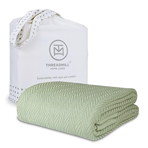 Threadmill 100% Pure Cotton, Luxury King Size Soft Sage Blanket - Herringbone Pattern, Lightweight, Soft & Cozy Premium Fall Throw Blanket for All Seasons, 350GSM & 106x92 with Free Tote Bag