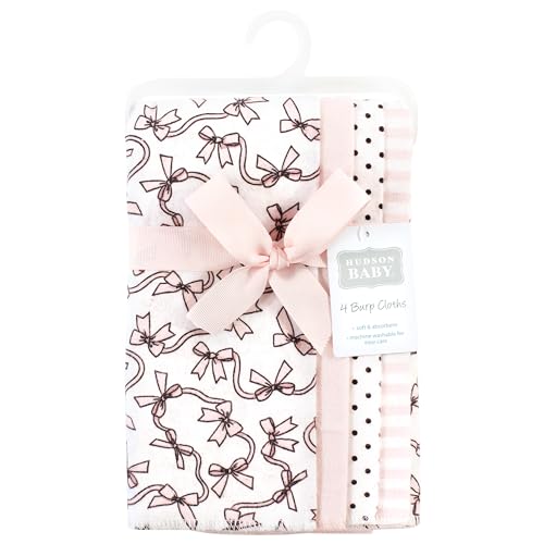 Image of Hudson Baby Unisex Baby Cotton Poly Flannel Burp Cloths, Pink Bows 4 Pack, One Size