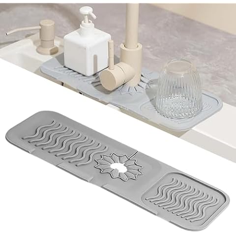 JILITSE Kitchen Sink Splash Guard, Faucet Handle Drip Catcher Tray, Faucet Mat Splash Catcher, Splash Guard for Kitchen Sink Area, 18'' × 5'' Multipurpose for Kitchen Bathroom Sink Accessories (Grey) Cover