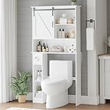 Niwugady Über-WC-Badschrank 74 × 20 × 167 cm, Freistehendes Badezimmerregal mit Scheunenschiebetür, Verstellbarer Regalboden, Toilettenpapierhalter, Badregal für Badezimmer, Waschküche, Weiß