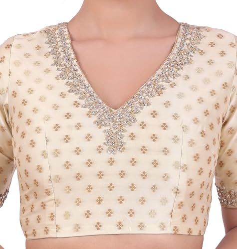 Image of Studio Shringaar Women's Brocade Embroidered V-Neck Readymade Elbow Length Sleeves Saree Blouse