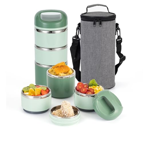Lille Home Stainless Steel Lunch Box, Stackable 3 Layer Lunch Container for Adults 1.43L Leak Proof Lunch Box Insulated with Bag(Green)