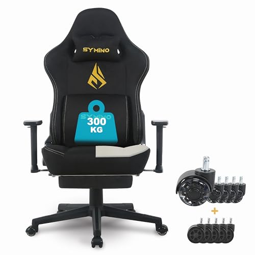 Symino Chaise Gamer XL, Siège Large Mousse+Latex, Support Lombaire & Tête, Inclinaison 175°, 300kg, Roues Silencieuses Incluses (Faux Daim, Noir)