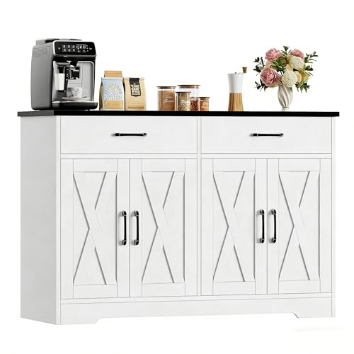 HOCSOK Aparador de 120 cm de Ancho, Armario de Cocina con encimeras, Armario de Cocina Buffet con 2 cajones y 4 Puertas, salón, Cocina, Pasillo (Blanco y Negro)