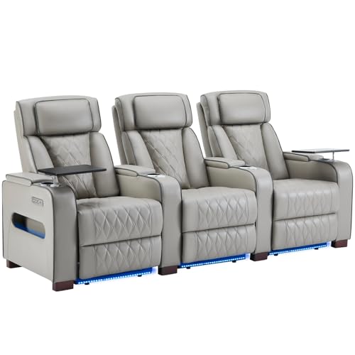 Image of Luxury Home Theater Seating - Power Recliner with Adjustable Headrests, Blue LED Ambient Lighting, Tray Table, USB & Type-C Charging (Grey, 3 Seat)