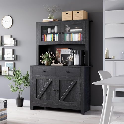Image of IDEALHOUSE Modern Kitchen Pantry Cabinet, Microwave Storage Stand, Engineered Wood Food Organizer Cabinet with Multi Compartments, for Home Kitchen Dining Area, Black Wood Grain