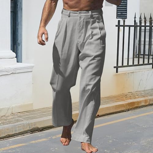 Men's Linen Pants Lightweight Elastic Waist Relaxed Fit Pants Casual Loose Fit Summer Beach Trousers2