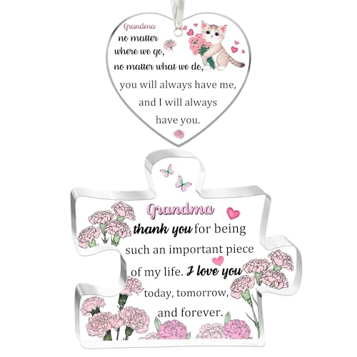 Grandma Gifts Women 2PC Set Acrylic Puzzle Plaque Heart Hanging Ornament Mothers Day Birthday Grandmother Appreciate Thanksgiving Christmas Thank You Keepsake Retired from Grandson Granddaughter
