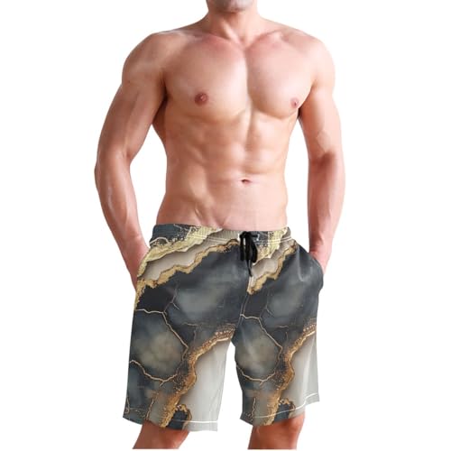 GuoChe Marble Black Beige Beach Long Shorts Elastic Beach Shorts for Vacation 8”/ 9” Long Holidays