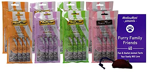 Fussie Cat Premium Puree Complement Topper Treat 4 Flavor Variety - (2) Each: Chicken Duck, Chicken Vegetable, Chicken, Tuna Chicken (2 Ounces) - Plus Catnip Toy and Fun Animal Facts Booklet Bundle