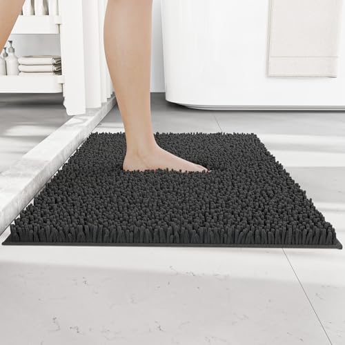 RUN HELIX Chenille Bath Mat Non Slip, Dark Grey Bathroom Mat, Shaggy Bathroom Rug, Absorbent ...