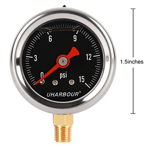 Uharbour Glycerin Filled Fuel Pressure Gauge With 304 Stainless Steel Case, 1-1/2" Black Dial, 0-15Psi, High Accuracy, 1/8"Npt Center Bottom Mount…… #TOP1