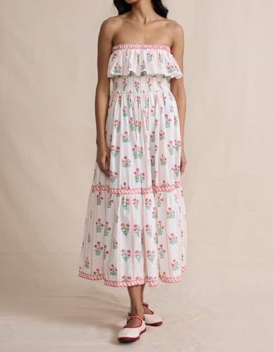 Image of Women Floral Print Maxi Tube Dress Strapless Flowy Long Bandeau Dress Y2K Open Back Sundress Summer Beachwear