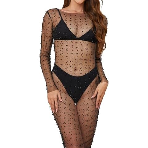 Willow Dance Women's Rhinestone Sheer Mesh Pearl Cover Up Dress Beach Swimwear Bikini Swimsuit Bathing Suit Cover up black pearl 3XL Cover