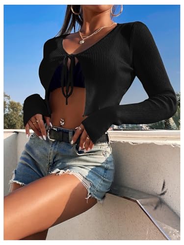SOLY HUX Women's Tie Front Cardigan Ribbed Knit Long Sleeve Crop Tops V Neck Shirts Knitwear3