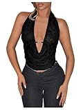 WDIRARA Women's Deep Draped Neck Halter Top Sleeveless Tie Backless Party Club Tops Black Medium