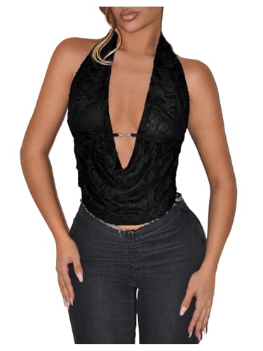 WDIRARA Women's Deep Draped Neck Halter Top Sleeveless Tie Backless Party Club Tops Black Medium