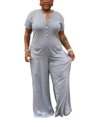 YeGine Plus Size Women Short Sleeve Loose Jumpsuit Casual Rompers One Piece Button Up Wide Leg Jumpsuits Grey 4XL