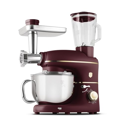 Berlinger Haus Robot de cocina, cuenco de acero inoxidable de 1500 W, 5,5 L, picadora de carne con bandeja y relleno de salchichas, 3 unidades de accesorios para pasta, recipiente mezclador de cristal