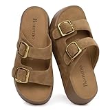 Bouwno Brown Platform Sandals Women Beach Slide Comfortable Sandals Slip-on Buckle Genuine Leather with Memory Foam Insole Soft Lining and Open Toe Low Wedges