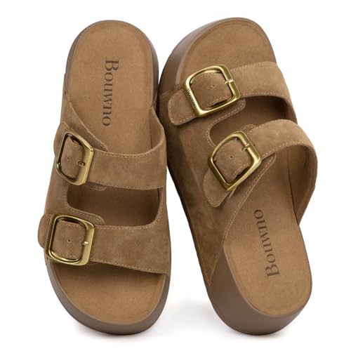 Platform Sandals Women Genuine Leather Slip-on Beach Slide Buckle Comfortable Sandals with Memory Foam Soft Lining and Open Toe Low Wedges