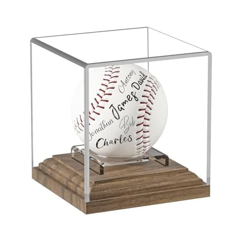 Baseball Case Display for Balls Walnut Wood Base Acrylic Baseball Display Case Baseball Holder Stand Cube Memorabilia Showcase Autograph Ball Protector for Official Size Ball Display Cover