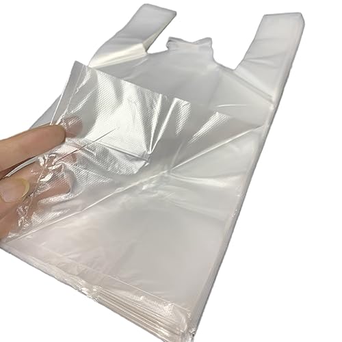 QUUPY Camiseta 100pcs con Bolsa con Mango Bolsa de plástico Transparente Bolsa de Compras minoristas de Alimentos a Granel 22.5x40cm para supermercados