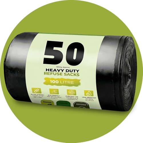 50 Pack Black Bin Bags, 100L, 33 Microns, Leak-Resistant, Eco-Friendly, Strong & Durable Recyclable Refuse Sacks, Bin Liners for Home, Office & Kitchen Waste Disposal