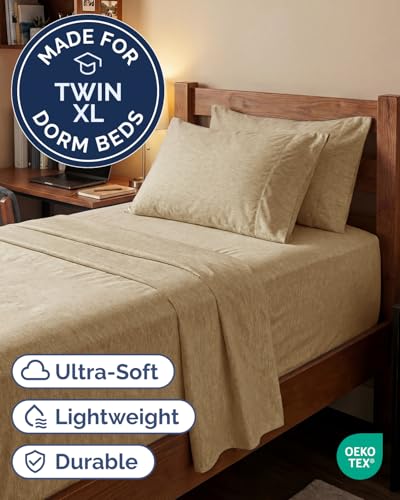 Image of Extra Deep Twin XL Sheet Set - 4 Piece College Dorm Bed Sheets Set with Extra Deep Pockets - Ultra-Soft, Comfy & Breathable Bedding for Women, Men, Kids & Teens - Wrinkle & Fade Free - Heathered Tan
