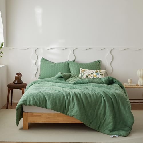 Image of Simple&Opulence 100% Cotton Waffle Weaving Comforter Set-3 Pieces Bedding Set(1 Comforter and 2 Pillowcases), Lightweight Soft Breathable Comforter Bed Sets for All Season(Forest Green, Queen)