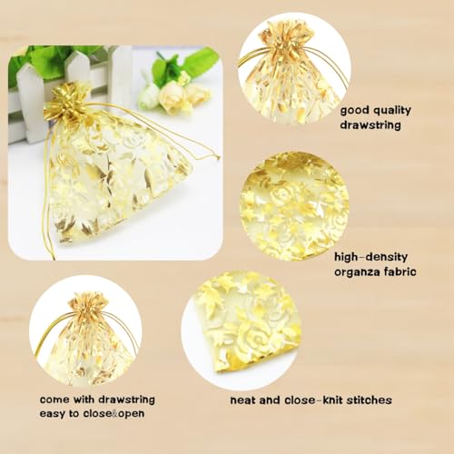 Image of 100 pcs 3.5 x 4.7 Inch Flower Heart Organza Jewelry Gift Pouch Candy Pouch Drawstring Wedding Favor Bags X92 (gold gold flower)