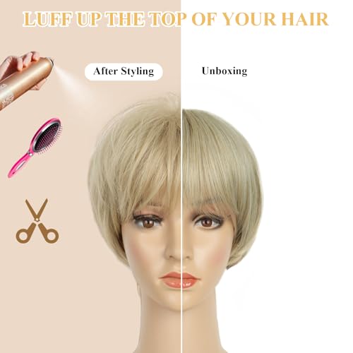 Image of QUEENTAS 8 Inch Pixie Cut Layered Short Blonde Wigs for Women with Bangs, Light Golden Blonde Synthetic Hair Wig for Daily Commute, Running & Cosplay (Light Golden Blonde)