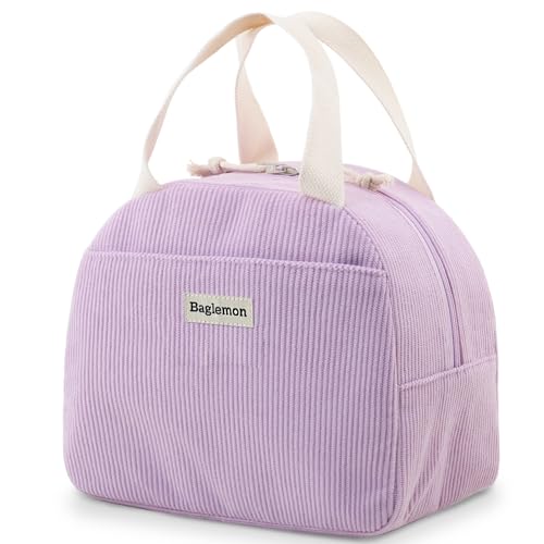 GODWOODS Large Insulated Lunch Bag for Women Cute Compact Soft Corduroy Lunch Tote Lightweight Mini Lunch Bag for Daily Use Work Picnic or Travel, Purple