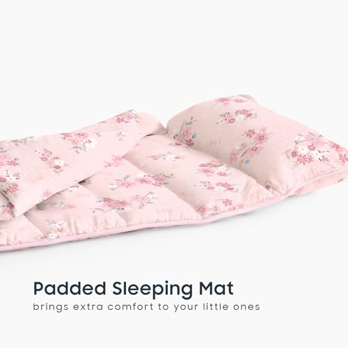 Image of Wake In Cloud - Toddler Nap Mat with Pillow and Blanket, 100% Cotton Fabric, for Kids Girls Ages 3 Plus in Daycare Kindergarten Preschool, Roll Up Sleeping Bag, Floral Flowers