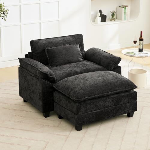 Image of Oprisen 53 inch Modular Sectional Sofa, Comfy Cloud Couch Sectional Sofa with Ottoman, Chenille Sofa Sleeper Deep Seat Sofa with Throw Pillows for Living Room (Black)