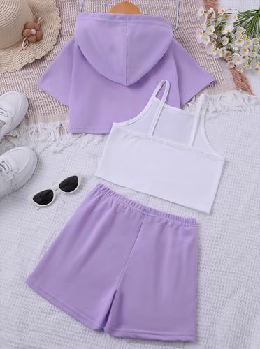 Image of Girl's Summer 3 Piece Outfits Graphic Crop Top and Camisole with Shorts Set Purple 11-12Y