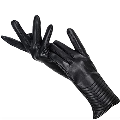 Guantes de Piel de Oveja auténtica Negra para Mujer, Forro cálido, Guantes de Invierno para Conducir