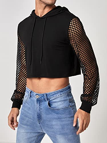 WDIRARA Men's Fishnet Mesh Long Sleeve Drawstring Crop Hoodie Sweatshirt Pullover4