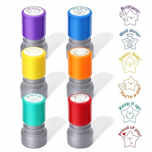 Larfraecy 6 PCS Personalised Teacher Stamps Self Inking Rubber Stamp Set with Star Shape Designs for Classroom Checking and Grading, Homework Marking and Student Encouragement, Fun Teacher Supplies