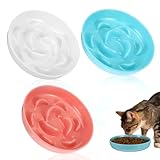 3PCS Small Slow Feeder Cat Bowl, Slow Eating Cat Bowl with Fish Pool Design, Healthy Pet Dish for Dry & Wet Food - White/Pink/Sky Blue
